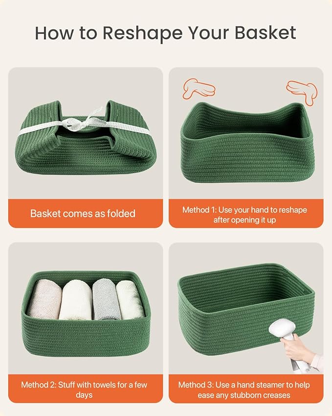 Small Woven Basket, 13.5 x 9.5 x 5 Inches, Storage Basket for Organizing, Cute Small Rope Shelf Closet Cube Storage Bins Baskets for Shelves, Dog Toy Gift Baskets Empty, 3 Pack, Green