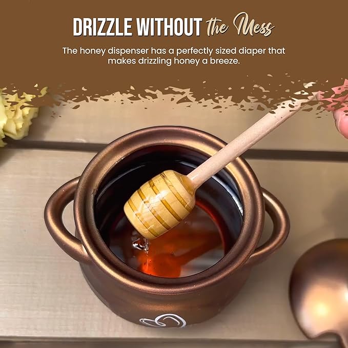 Ceramic Honey Pot, Honey Container with Dipper, Metallic Neutral Color Honey Jar, Honey Dispenser, Ceramic Pot, Stylish Honey Storage for Rustic, Modern, Home and Farmhouse Kitchen Decor