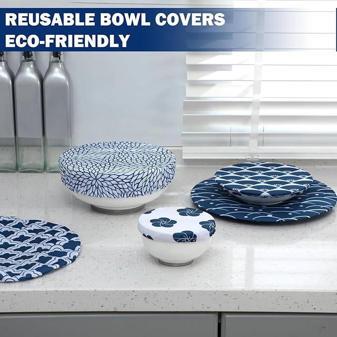 Patelai 10 Pcs Bowl Covers Reusable in 5 Size Stretch Cloth Fabric Elastic Food Storage Bowl Covers Bread Sourdough Lids for Proofing Food Fruits Leftover (Japanese)