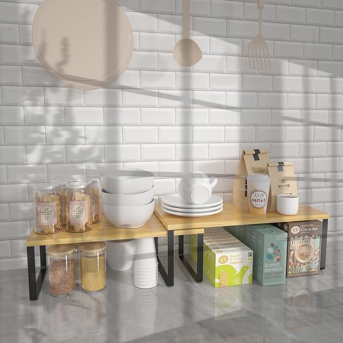 NEX Kitchen Cabinet and Counter Shelf Organizer, Stackable & Expandable, Set of 4, Black and Natural - 7.7 x 15.6 x 6.2''