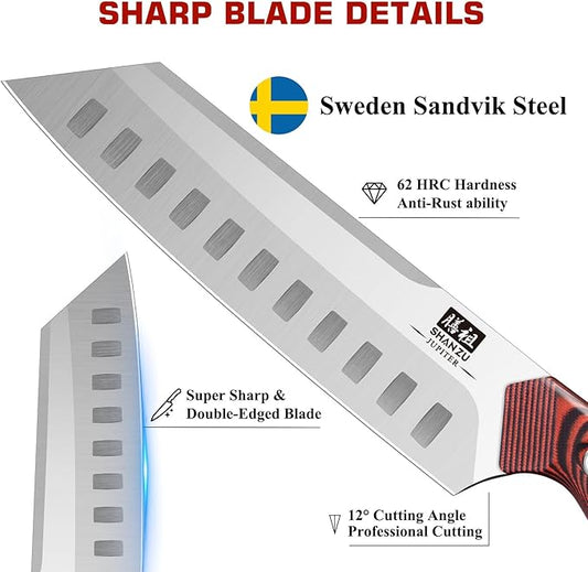 SHAN ZU Sushi Knife, Swedish Steel 14C28N Santoku Chef Knife High-Class Professional Europe Style 7 inch Cooking Meat Vegetable Knives, Ultra Sharp Chef Knives with Upgraded Two-tone G10 Handle