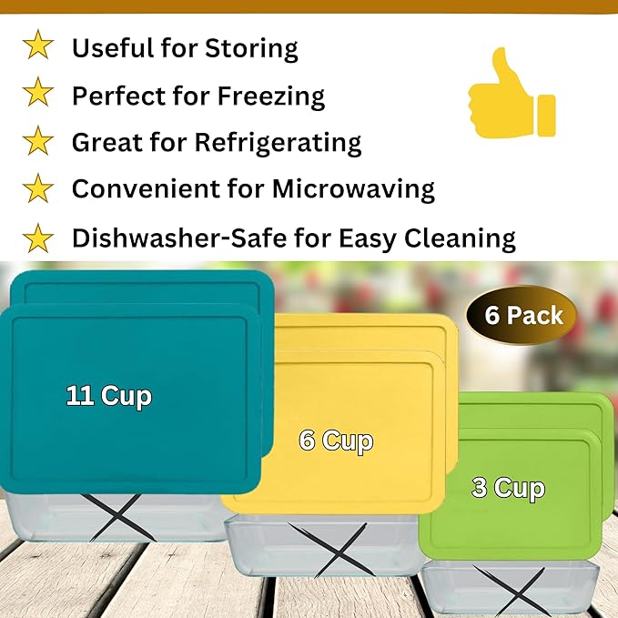 3, 6 & 11 Cup Spring Green, Yellow, Turquoise Replacement Lids/Covers for Pyrex, Anchor Hocking & KlareWare Storage Bowls *Lids Only Glass Container Not Included* (6 Pack *Two of Each Size*)