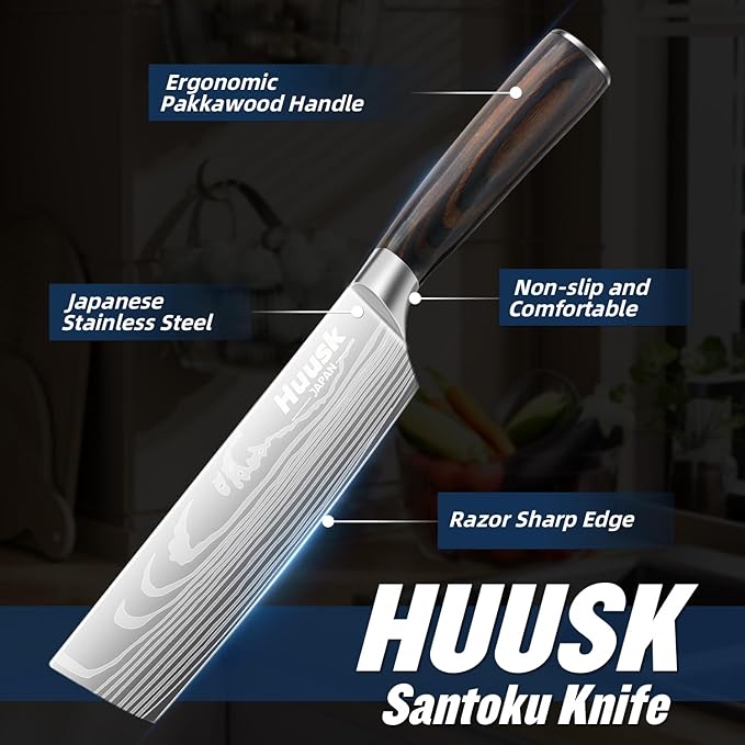 Huusk Nakiri Chef Knife - 6.8 Inch Japanese Kitchen Knives with Ergonomic Handle, Professional Cooking Knife