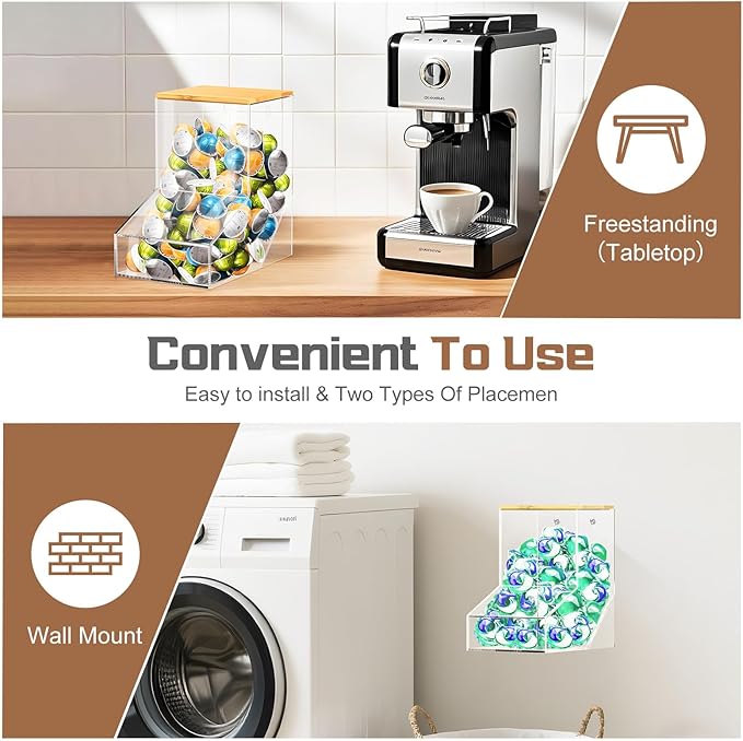 TCJJ Coffee Pod Holder With Bamboo Lid, Clear Acrylic Coffee Capsule Organizer For K Cup, 170 In³ Capacity, Can Be Placed On A Tabletop Or Mounted On A Wall, Compatible With Coffee Pod & Creamer