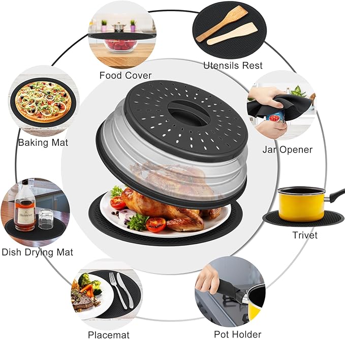 4 in 1,WENWELL 2 Microwave Splatter Cover & 2 Mat,Cooking Splash Guard with Handle,Kitchen dish bowl Plate Proof Food lid & Silicone Round mat,Home Apartment Essential