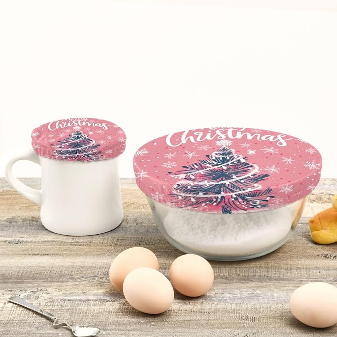 5 Pcs Bowl Covers Reusable in 5 Size Elastic Food Cover Cloth Lids Fresh Keeping Dish Cookware Bakeware Fabric Covers Lids for Food Leftovers Fruits Storage Pink Christmas Tree