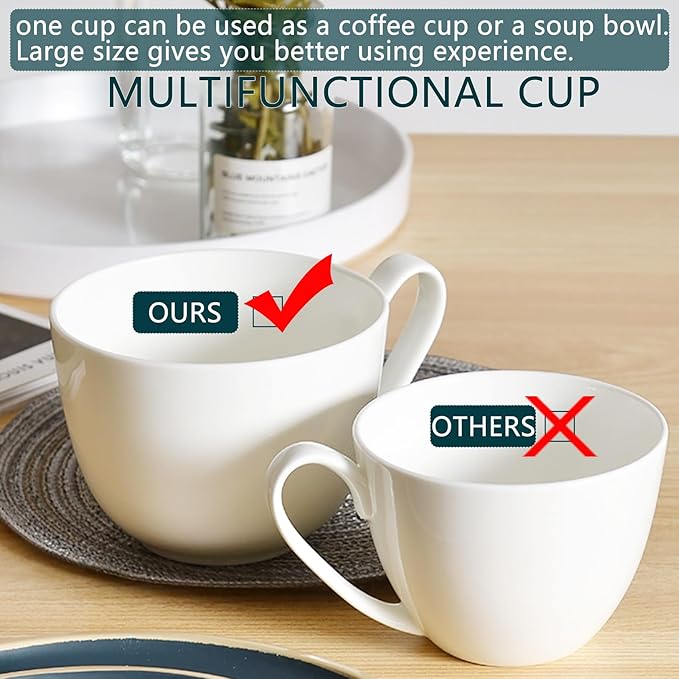 22 OZ White Bone China Soup Mugs with Handles, Large Ceramic Coffee Mugs Set of 2 for Hot Chocolate Cocoa Cereal Salads Yogurt Beverage Milk Latte Cappuccino, Dishwasher Microware Safe