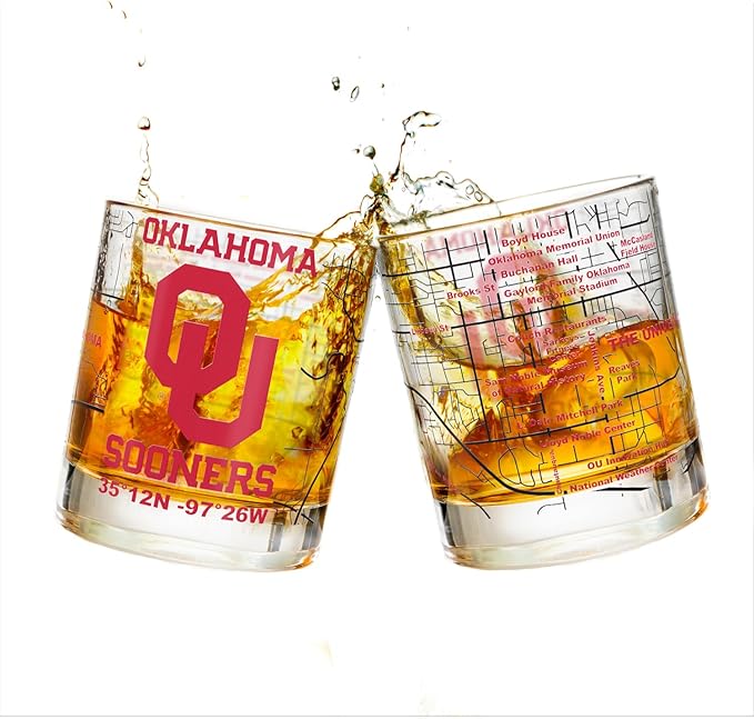 Greenline Goods – University of Oklahoma Sooners College Whiskey Glasses (Set of 2), 10 oz – Full-Color Logo + Campus Map