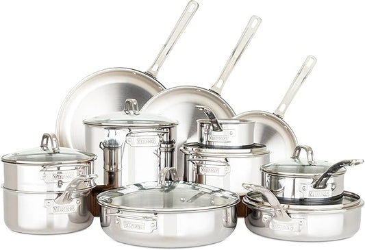Viking 3-Ply Pots and Pans Set, 17 Piece Stainless Steel Cookware Glass Lids, Steamer Insert, Silver