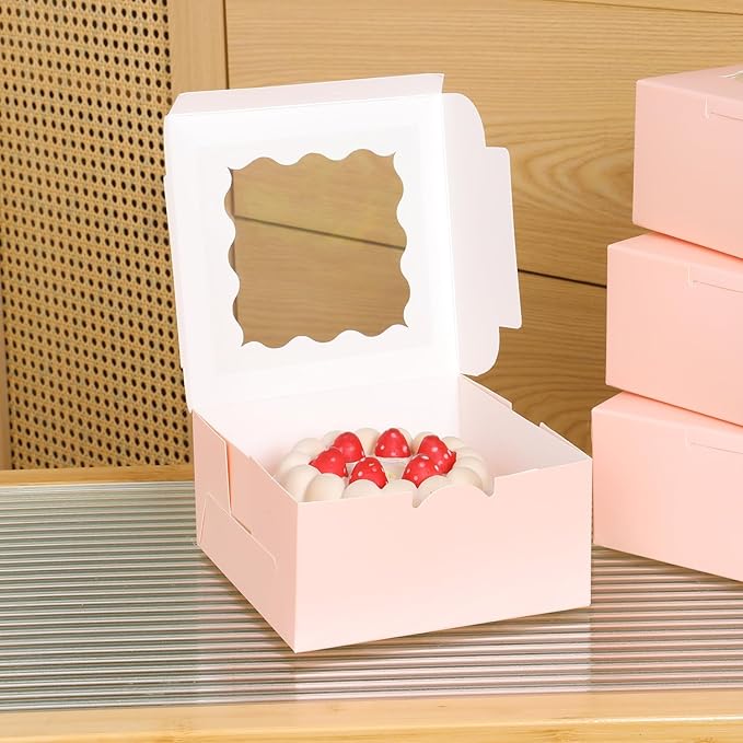 36 pcs 6x6x3 Inches Small Cake Box with Window, Bakery Pastry Cookie Boxes, Mini Pie for Pastry,Dessert,Strawberries,Chocolates, Cupcakes with paper stickers (Pink)
