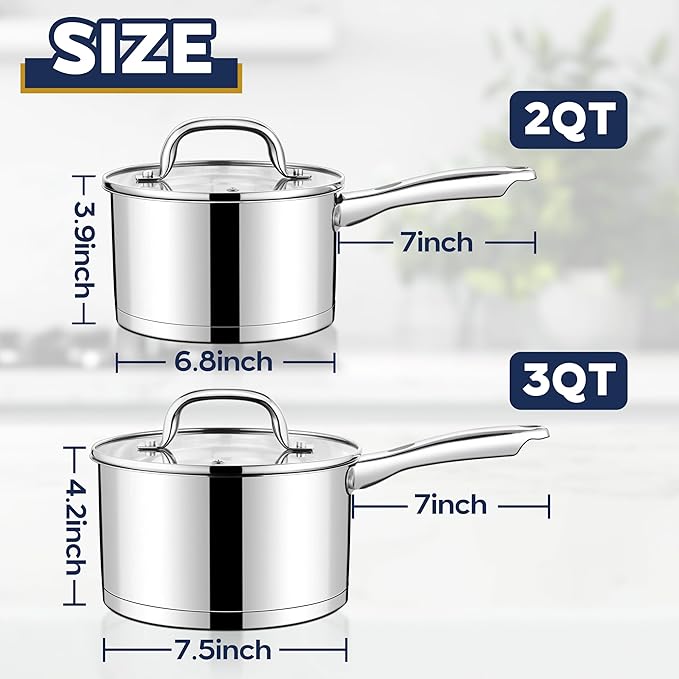 LIANYU 2QT & 3QT Saucepan with Tempered Glass Lid, Stainless Steel Small Sauce Pan Cooking Pot Set, Tri-Ply Bottom Versatile Sauce Pot for Kitchen, Oven & Dishwasher Safe