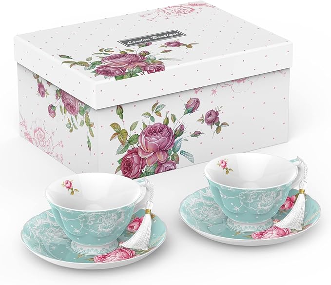London Boutique Tea Cup and Saucer Set 2 Afternoon Tea Set New Bone China Vintage Flora Gift Box 200m (Turquoise)