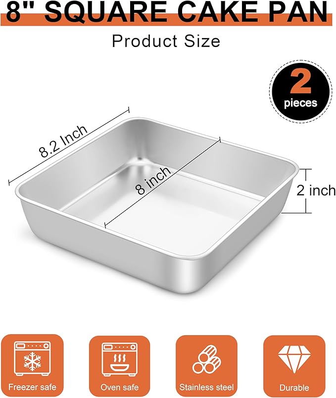 LIANYU 8 Inch Square Baking Cake Pan Set of 4, Stainless Steel Lasagna Brownie Bread Pan, Perfect for Birthday Party Wedding, Leakproof, Oven & Dishwasher Safe
