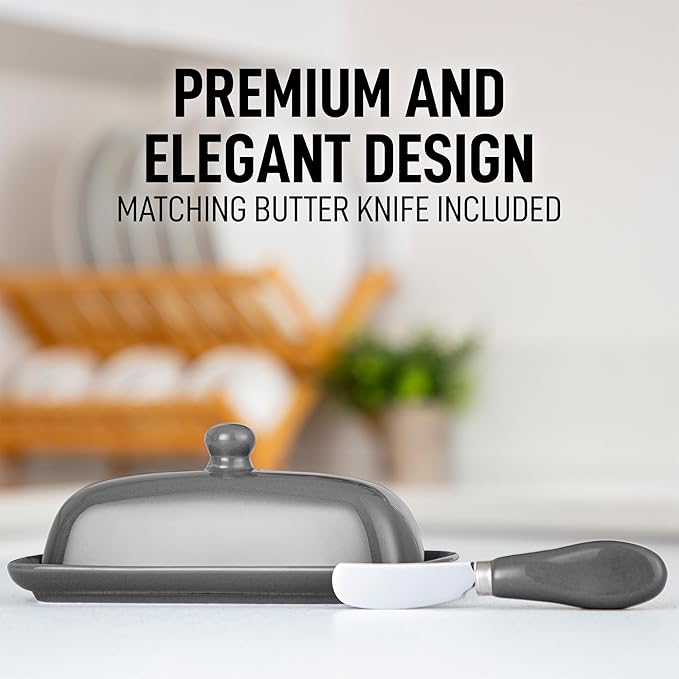 Zulay Butter Dish With Lid For Countertop - Porcelain White, Ceramic Butter Dish with Knob Handle Great for Cooking - Elegant Design Butter Holder - Durable & Sturdy Butter Keeper - Gray