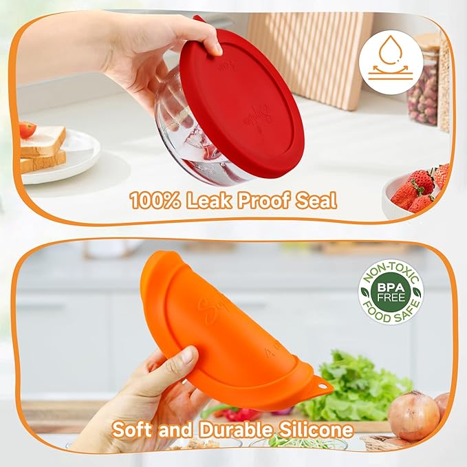 Sophico 4 Cup Round Silicone Storage Cover Lids Replacement for Anchor Hocking and Pyrex 7201-PC Glass Bowls (Container not Included) (Red-Orange) 4 Pack