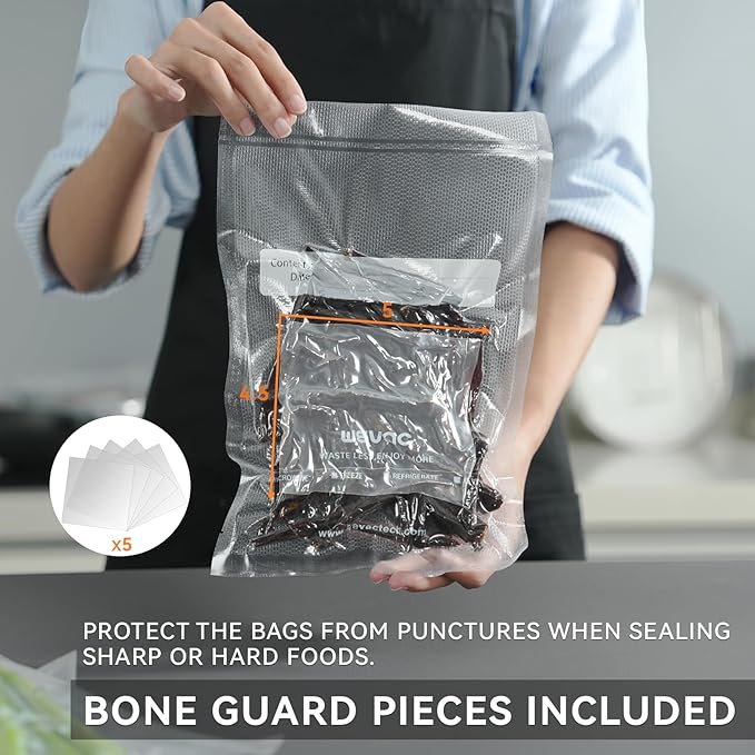Wevac 6" x 10" Precut Vacuum Sealer Bags, 200 Count, Includes 5 Liquid Block Bags & 5 Bone Guard Pieces, Heavy Duty for Food Storage, Sous Vide & Meal Prep