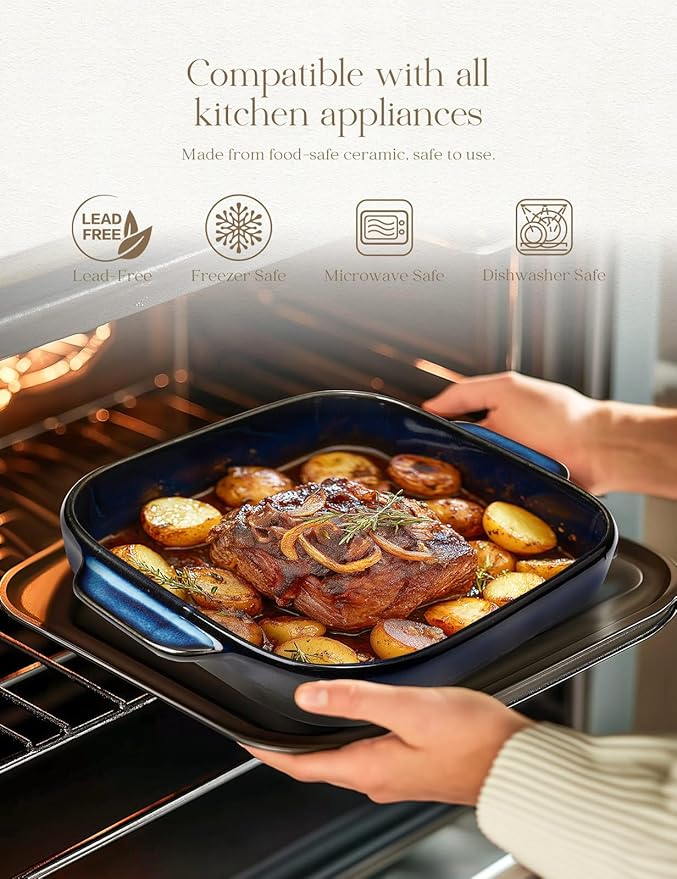 8x8 Baking Pan Ceramic Square Baking Dish Lasagna Pan with Double Handles Deep Casserole Dish for Brownie, Lasagna, Roasting and Great for Kitchen Decor (Reactive Glaze Blue)