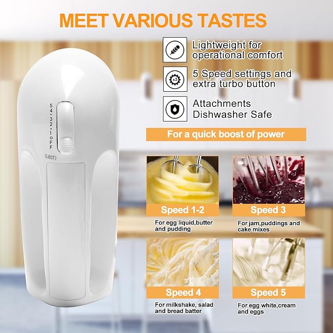 5-Speed Electric Hand Mixer, 4 Large Mixing Bowls Set, Handheld Mixers with Whisks Beater, Stainless Steel Metal Nesting Bowl Measuring Cups Spoons Kitchen Cake Blender for Baking Supplies