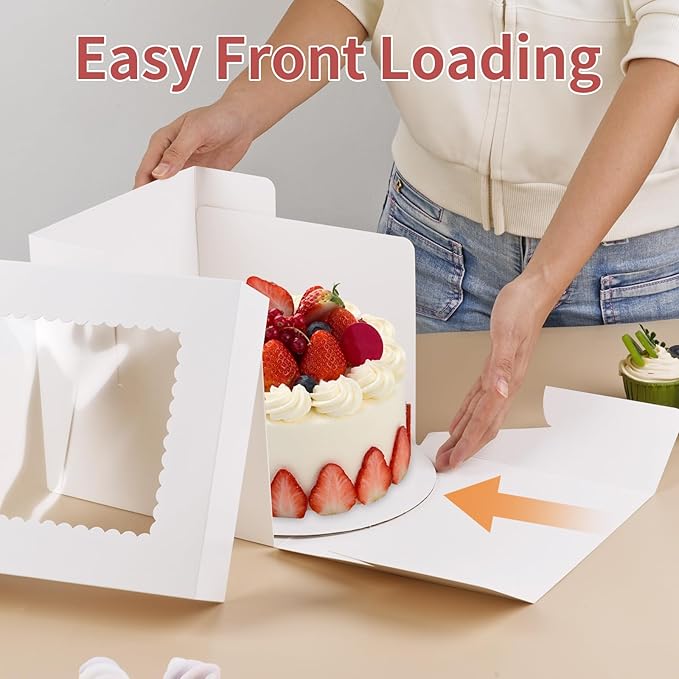 WINKIO Cake Box with Cake Boards, 2 Pack 8 In Disposable Cake Carrier, Cakes Transport Container, White Bakery Holder with Window (2, white, 8x8x8 In)