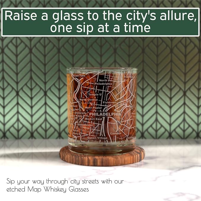 Greenline Goods Whiskey Glasses - 10 Oz Tumbler Gift Set for Philadelphia lovers, Etched with Philadelphia Map | Old Fashioned Rocks Glass - Set of 2