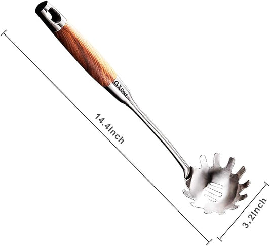 Spaghetti Spoon,304 Stainless Steel Pasta Spoon with Heat Resistant Wooden Handle,Silver/14.2Inch