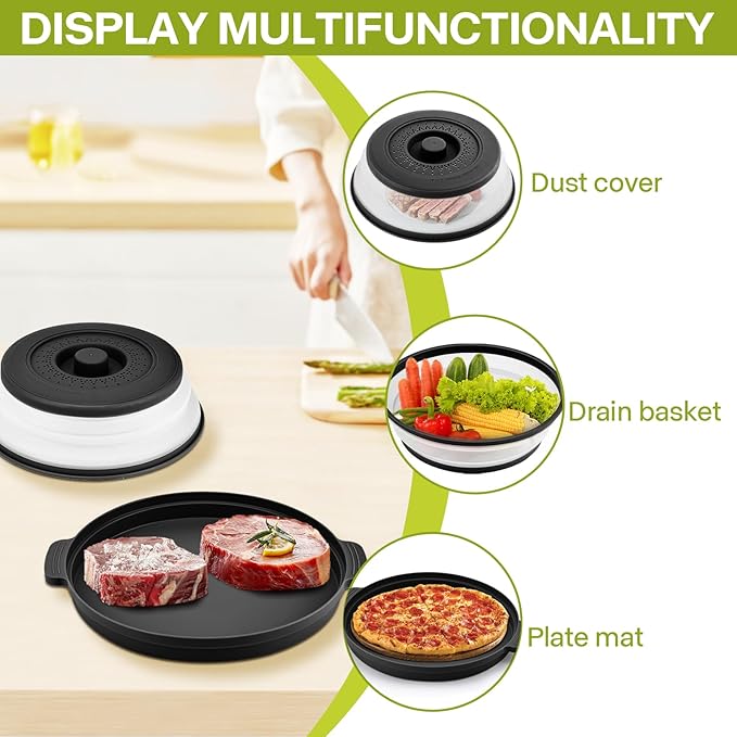 Microwave Food Splatter Cover & Base Mat,10.5 Inch Large Plastic & Silicone Vented Collapsible Guard Lid, Plate Holder & Kitchen Colander for Meal (Black)