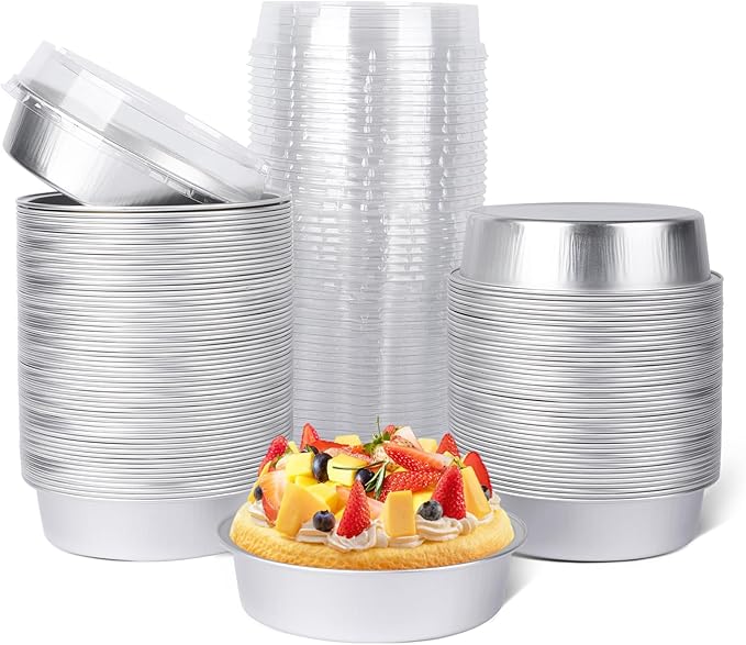 Beasea Mini Pie Pans with Lids, 120 Pack 4 Inch 8oz Disposable Mini Cake Pans Creme Brulee Aluminum Foil Pie Tart Ramekins Tins Silver Small Individual Round Containers Oven Safe for Baking