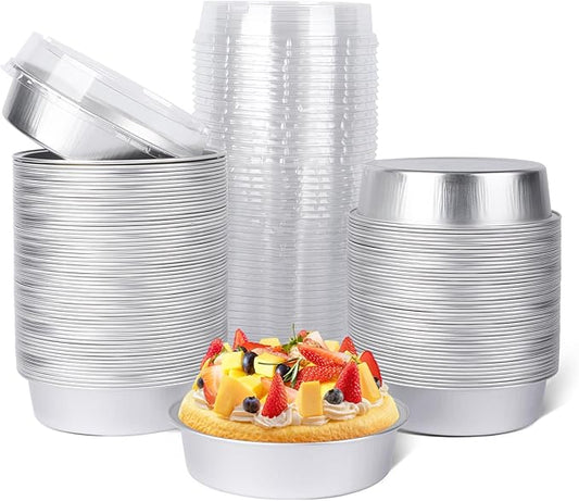 Beasea Mini Pie Pans with Lids, 120 Pack 4 Inch 8oz Disposable Mini Cake Pans Creme Brulee Aluminum Foil Pie Tart Ramekins Tins Silver Small Individual Round Containers Oven Safe for Baking