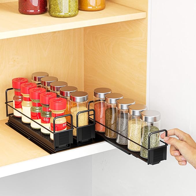 SpaceAid Pull Out Spice Rack Organizer for Cabinet, Heavy Duty Slide Out Seasoning Kitchen Organizer, Cabinet Organizer, with Labels, 7.7" W x10.75 D x4 H, 3 Drawers 1-Tier