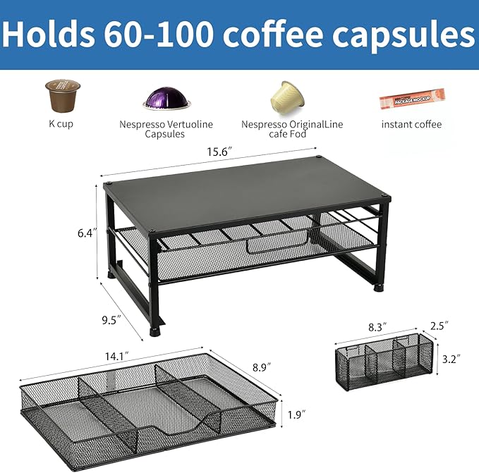 Spacrea K Cup Holder Organizer- Coffee Pod Holder for Counter with 2 Tier Sliding Storage Drawer, Coffee Station Bar Accessories Holder, 63 Large or 80 Small Capsules, Home Kitchen (Black)