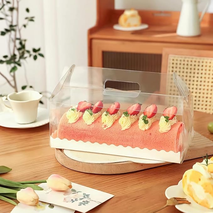 20 Pcs 11 Inch Clear Roll Cake Gable Boxes with Handle & Cake Boards, Transparent Plastic Gift Boxes，Easy Carrying Pastry Containers for Bakery Christmas Wedding, Size: 11” x 4.3” x 4”
