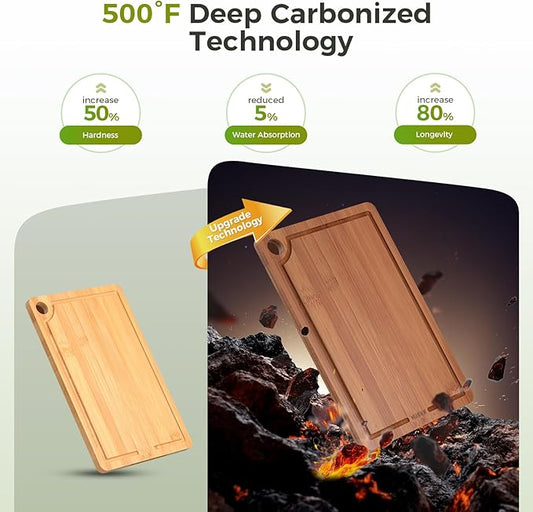 Bamboo Cutting Board for Kitchen, Wood Cutting Board 3 Piece Set with Non-Slip Mat Deep Juice Groove and Built-In Handles, Wooden Cutting Boards for Meat Vegetables Fruit for the Home