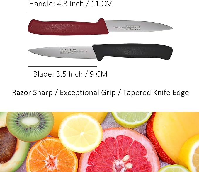 Paring Knife Set, 12 Pieces Utility Knives - MATTSTONE HILL Commercial-Grade Small Kitchen Knife, German Steel Blade, Restaurant Industry Utility Knife 12-Piece Set, Black & Red Handle