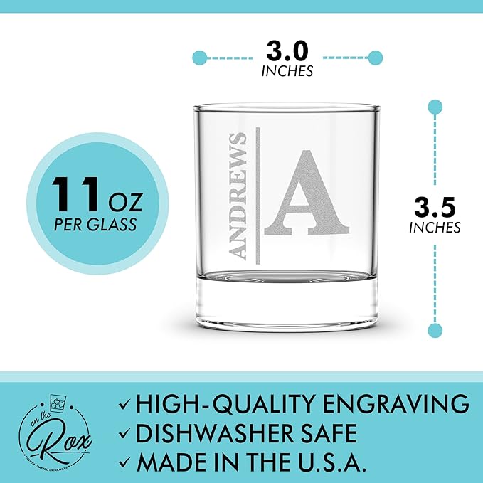 On The Rox Drinks Personalized Whiskey, Bourbon Monogram Glass Gifts - 11 oz Name Monogram Scotch Glass Set of 2 - Custom Cocktail, Rocks, Brandy Glasses