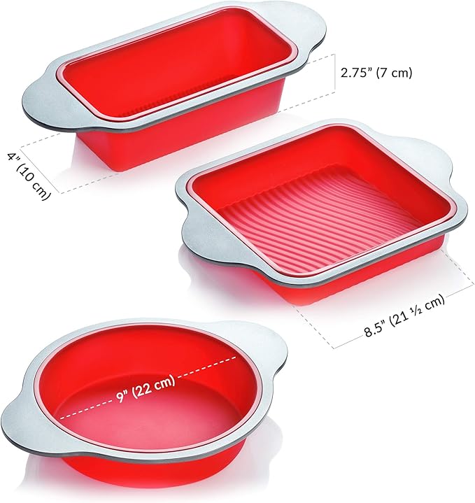 Boxiki Kitchen Silicone Baking Pans Set. 3 PCS Professional Non-Stick Baking Cake Pans Set includes Silicone Round Cake Pan, Square Cake Pan and Bread Loaf Pan.