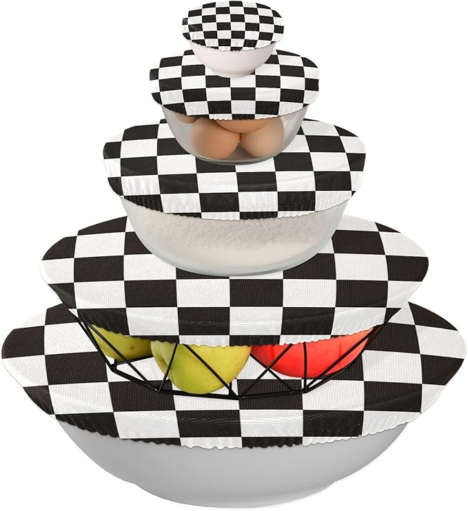 5 Pcs Bowl Covers Reusable in 5 Size Elastic Food Cover Cloth Lids Fresh Keeping Dish Cookware Bakeware Fabric Covers Lids for Food Leftovers Fruits Storage Checkered Black