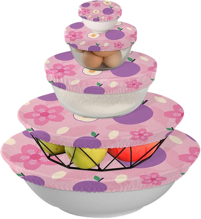 5 Pcs Bowl Covers Reusable in 5 Size Elastic Food Cover Cloth Lids Fresh Keeping Dish Cookware Bakeware Fabric Covers Lids for Food Leftovers Fruits Storage Vintage Plum Fruit Flowers Purple