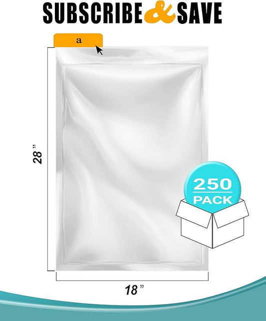 APQ Pack of 250 Jumbo Co-Extruded Vacuum Pouches 18 x 28 Clear Vacuum Food Bags 18x28. Thickness 3 mil Thick. Polyethylene Bags for Packing and Storing. Perfect for Industrial, Food Service.