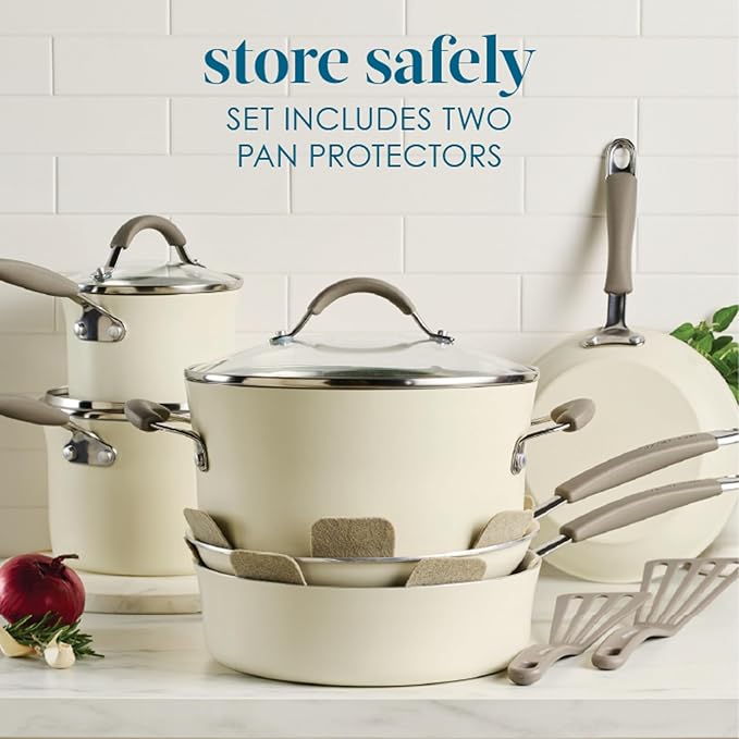 Rachael Ray Cucina Ceramic Cookware Set - 13 Pieces - Ceramic Pots and Pans Set w/Nonstick Frying Pans, Saute Pan, Saucepans, Stockpot, Lids, Pan Protectors & Cooking Utensils - Almond