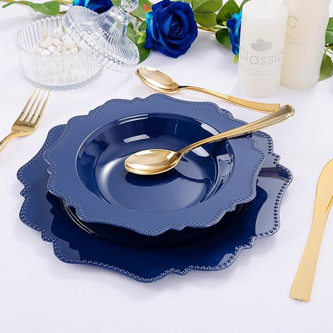 COLOSUS Navy Blue Plastic Party Bowls (60 Pack) 12 Oz Disposable Soup/Salad Bowl, Fancy Shatterproof Dinnerware for Catering, Holidays, Weddings, and Everyday Use