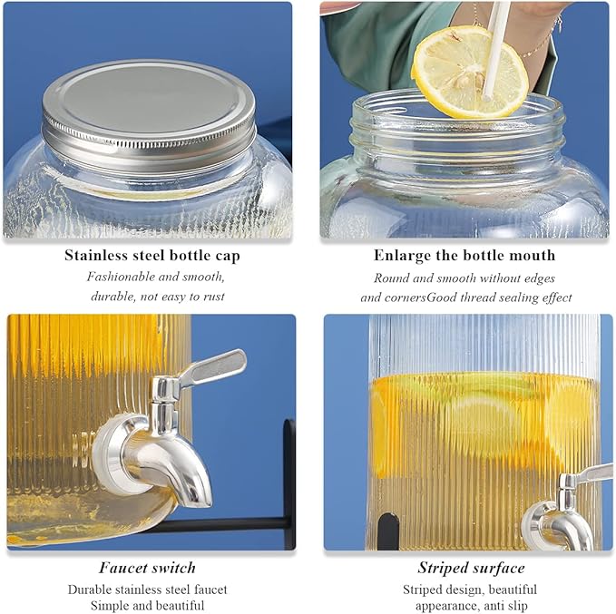 Berglander Glass Drink Dispenser for Fridge, 1 Gallon Beverage Dispenser with Leakproof Stainless Steel Spigot, Water, Laundry Detergent, Juice Dispenser for BBQ, Picnic, Parties and Events (Clear)