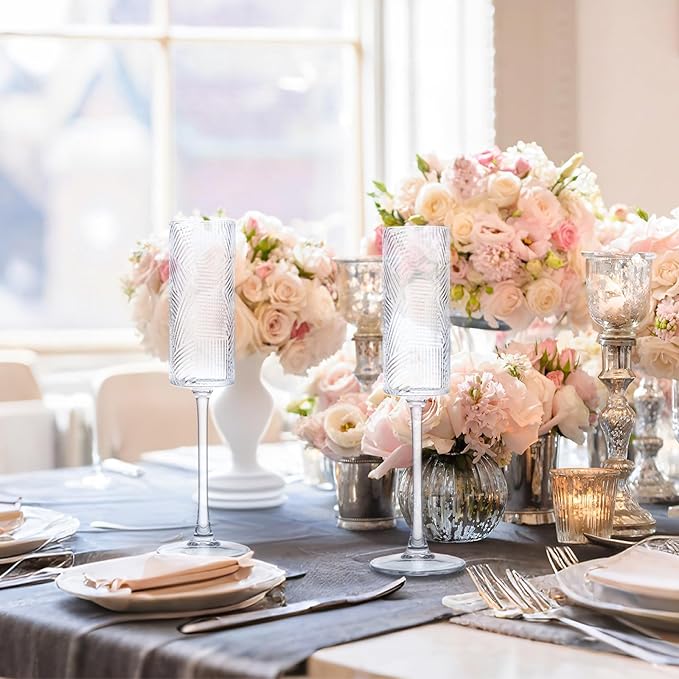 6 Pieces Clear Champagne Flutes,6 OZ Twill Pattern Striped Vintage Stem Glasses Stemware Wine Glasses Champagne Long Stem Drinking Colored Glasses Goblets for Wedding Cocktail Cups,Cava, Prosecco