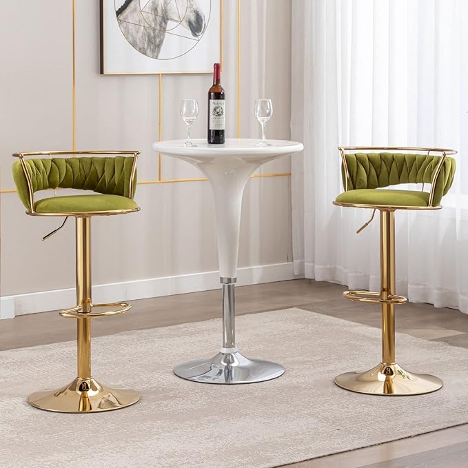 LukeAlon Velvet Adjustable Barstools Set of 4, Modern 360° Swivel Counter Stools with Golden Base Upholstered Open Back Tall Bar Chairs with Footrest for Home Kitchen, Green
