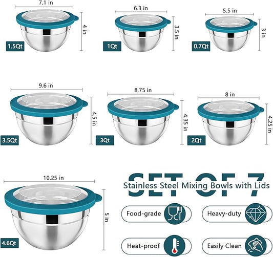 P&P CHEF Mixing Bowl with Lid Set of 7, Stainless Steel Nesting Salad Bowls for Cooking Serving Prepping, Clear Lids & Stackable Design, Size 4.6, 3.5, 3, 2, 1.5, 1, 0.7 Qt - Blue
