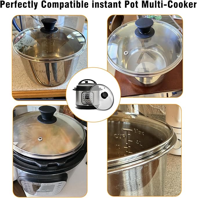 Tempered Glass Lid for Instant Pot 8 Quart - 10.2-Inch Pressure Cooker Accessories,Replacement Parts with Silicone Top Knob & Steam Vent - Heat-Resistant, Dishwasher Safe