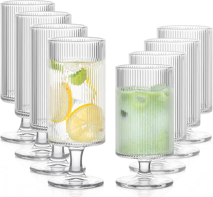 INSETLAN Set of 8 Ribbed Glass Goblets–4 Goblets Glassware 12oz, 4 Short Stem Wine Glasses 10oz, Vertical Stripe Stemmed Glassware, Ideal for Juice, Water, Iced Coffee, Whiskey, Mixed Drinkware