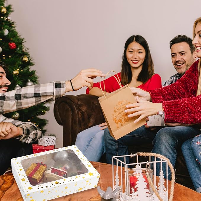 8 Packs Christmas Cupcake Boxes 12 Count, 13x10x3.5 Inch Gold Star Cupcake Containers with Clear Window, Auto-Pop Up Cupcake Carrier with Inserts for Cup Cake, Cupcake Holder for Cookies and Pastry