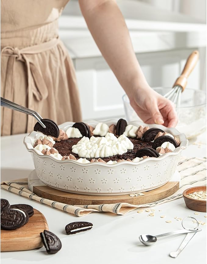 Deep Pie Dish for Baking, Ceramic Pie Pan for Apple Pie, Tart, Quiche Baking Dish, Farmhouse Decor Pie Plate, Deep Dish Pie Pan, Oven Safe, Off-White