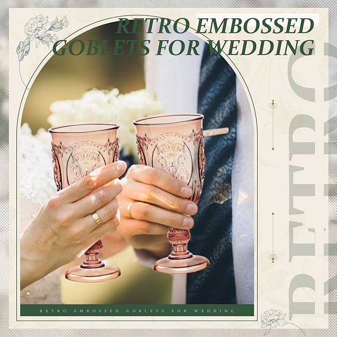 24 Pcs Plastic Goblets 7.5oz Vintage Goblet Plastic Wine Glasses Colored Retro Embossed Water Goblets for Wine Bar Juice Baby Shower Wedding Reception Grand Event Party (Rose Gold)