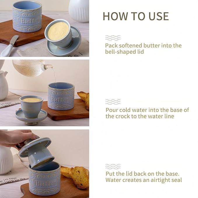 Ceramic Butter Crock with Lid, French Butter Dish with Water Line for Countertop, Butter Keeper for Spreadable Butter, Container Holder for Kitchen and Home Decor, 6.7 OZ, Pale Blue